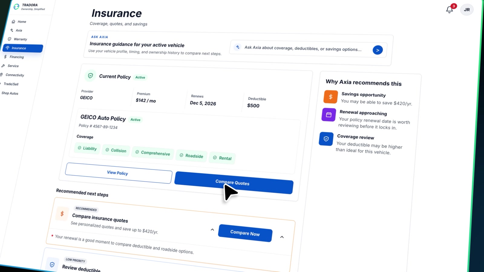 Insurance guidance and recommendations in Tradora Auto